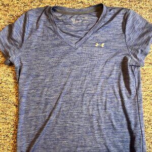 Under Armour Womens Pullover T-Shirt Small Blue Short Sleeve V Neck Logo